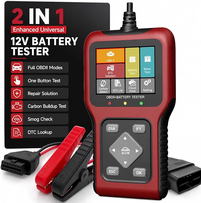 TesGo 2 in 1 OBD2 Scanner and Battery Tester, Car Diagnostic Tool for Check Engine Light, Carbon Buildup Test, I/M Readiness, DTC Lookup, Vehicle Info, Cranking Test, Vehicles 1996+