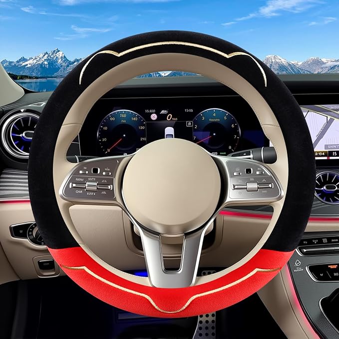 Cat Ears Plush Steering Wheel Cover,Universal 14.5-15 Inch Winter Plush Warm Steering Wheel Cover, Soft Fluffy, Anti-Slip Design, Soft Texture (Black+Red)