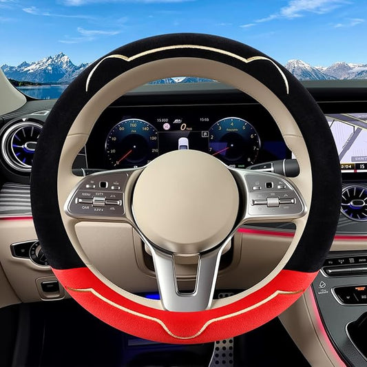 Cat Ears Plush Steering Wheel Cover,Universal 14.5-15 Inch Winter Plush Warm Steering Wheel Cover, Soft Fluffy, Anti-Slip Design, Soft Texture (Black+Red)