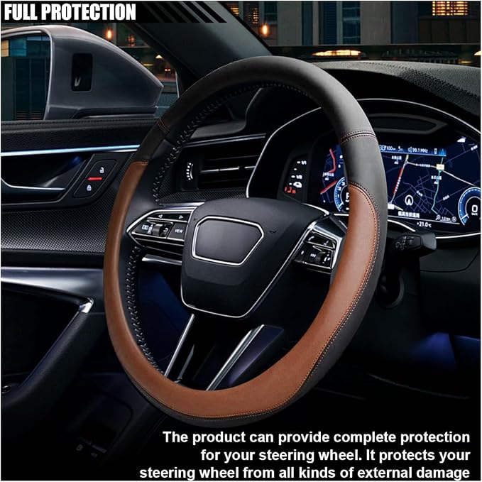 LAINLOY 15" Car Steering Wheel Cover, Microfiber Leather Cover, Coffee | Anti-Slip Breathable Steering Wheel Decoration, Universal Steering Wheel Accessories for Diverse Cars