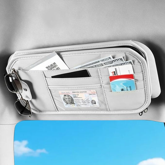 Car Sun Visor Organizer with Multi Pockets PU Leather Zipper Bag | Sunglass Holder with Elastic Straps and Glasses Clip Sunvisor Organizers Universal Fit for Trucks SUV Jeeps & Patrol Vehicles