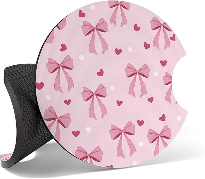Car Cup Coasters,2 Pack Car Coaster,2.75inch Anti Slip and Absorbent Cars Coasters for Cup Holders,Car Accessories for Women,Cute Decor for Women (Heart Bowknot)