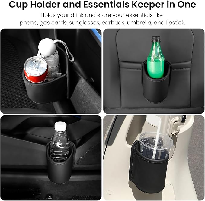 2 Pack Clip On Cup Holder for Car Door Organizer Seat Automotive Extra Drink Coffee Holders Premium PU Leather Black