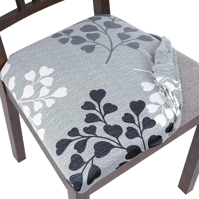 SearchI Seat Covers for Dining Room Chairs Stretch Printed Chair Seat Covers Set of 8, Removable Washable Upholstered Chair Seat Protector Cushion Slipcovers for Kitchen, Office(Leaves Pattern)