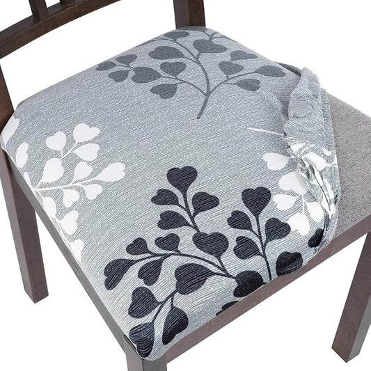 SearchI Seat Covers for Dining Room Chairs Stretch Printed Chair Seat Covers Set of 6, Removable Washable Upholstered Chair Seat Protector Cushion Slipcovers for Kitchen, Office(Leaves Pattern)
