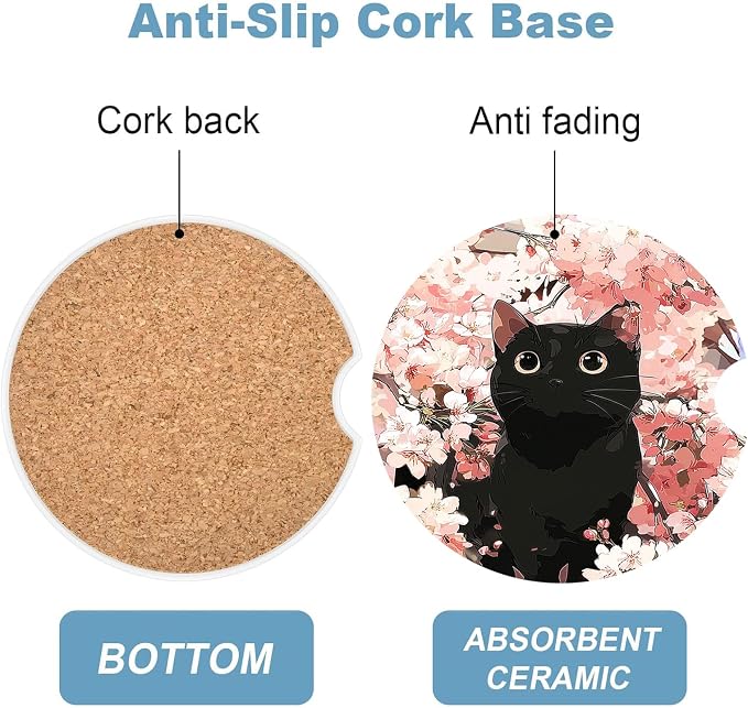 Car Cup Holder Coaster Set of 2, 2.56 in Ceramic Coasters, Scratch-Resistant Cork Backing, Finger Groove Design for Easy Placement, Cute Car Accessories Interior for Women (Cute Kitten)
