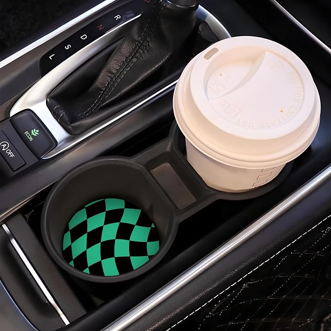 Black Green Checkerd Car Coasters for Cup Holder Absorbent Ceramic Cup Coaster 2 Pack Anti Slip Car Interior Accessories with Finger Notch Cork Base for Women Men 2.56"