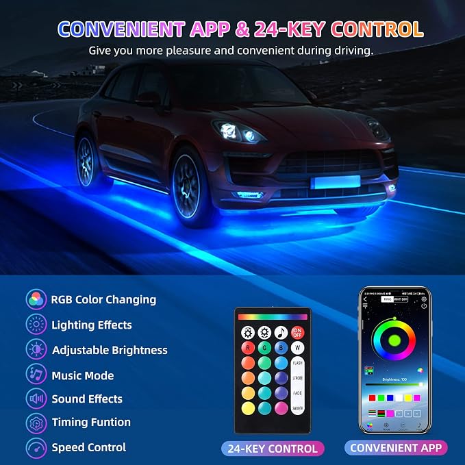 4 Pcs RGB Underglow LED Lights for Cars Truck SUV Golf Cart UTV ATV, 12V Waterproof Multicolor Underbody Neon Accent Strip Lights Kit with APP/RF Remote Control, Music Sync, Brake Lights