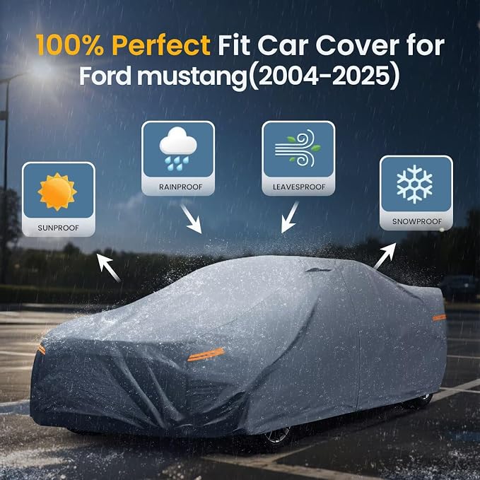 Waterproof Ford Mustang/Shelby(2004-2026) Car Cover with Breathable Vents, [Upgrade] Premium Covers with Cotton Liner and Zipper Door, Sun Rain Snow Dust Uv Protection.