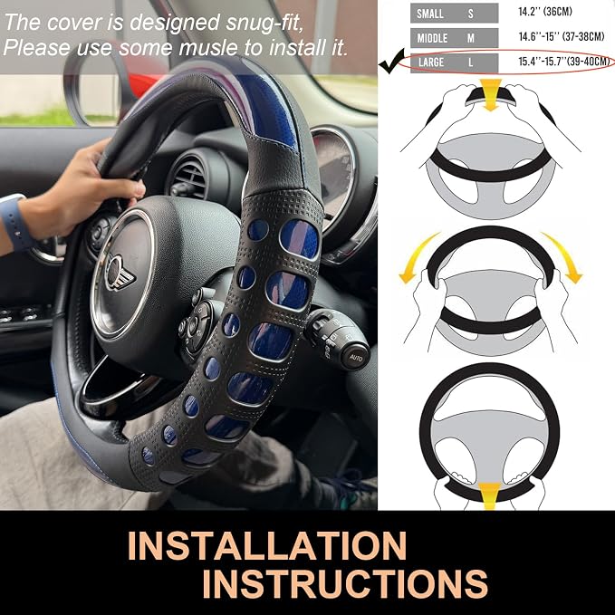 PINCTROT Large Size Race Grip Steering Wheel Cover, Anti Slip Silicone Perforated Design with Soft Touch Padding, Enhanced Grip for Sporty Driving 15.5-15.75 Inch (Racing Blue)