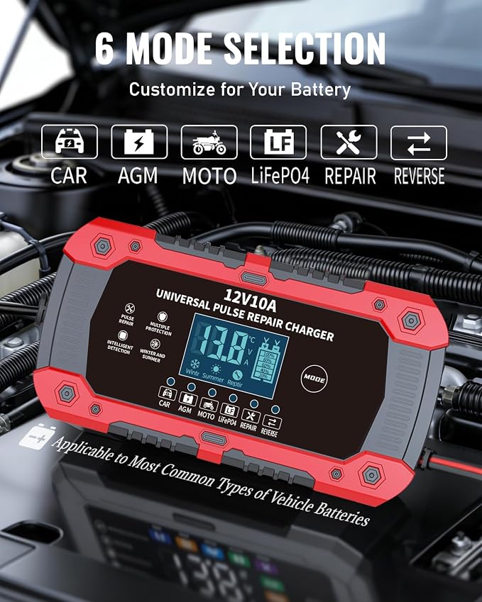 Car Battery Charger 12V 10A - 3-Stage Automatic Trickle Charger Smart Battery Maintainer with LCD Display, Pulse Repair for CAR/AGM/Moto/LiFePO4 Batteries, Compatible with Car Motorcycle ATV