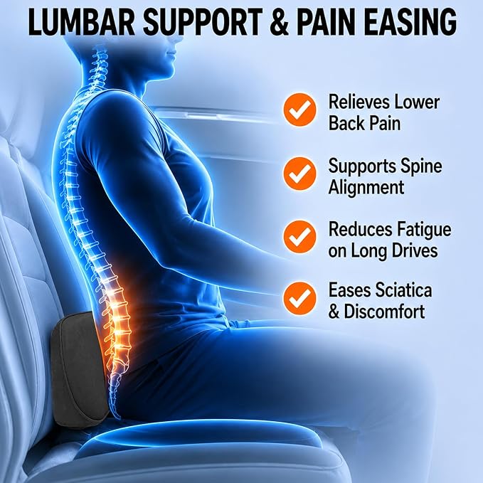 Car Lumbar Support Pillow, Memory Foam Vehicle Seat Lower Back Support Cushion,Comfortable Lumbar Pillow for Driving, Office Chair, Wheelchair, Universal for SUV, Truck, RV (Black)