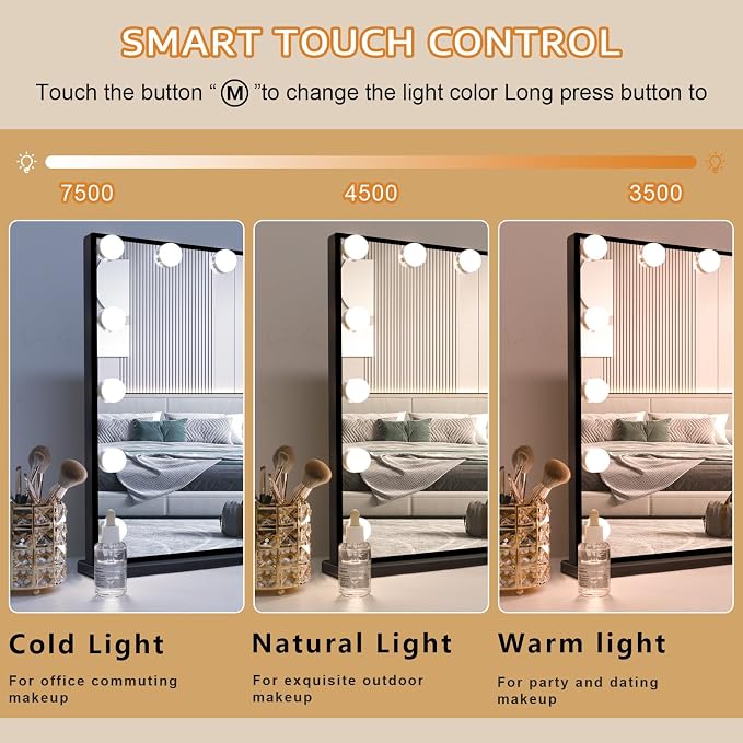 FENCHILIN Vanity Mirror with Lights 22.8''x 18.1'', Hollywood Lighted Mirror with Dimmer Bulbs, Vanity Makeup Mirror Smart Touch Control, Tabletop, Black