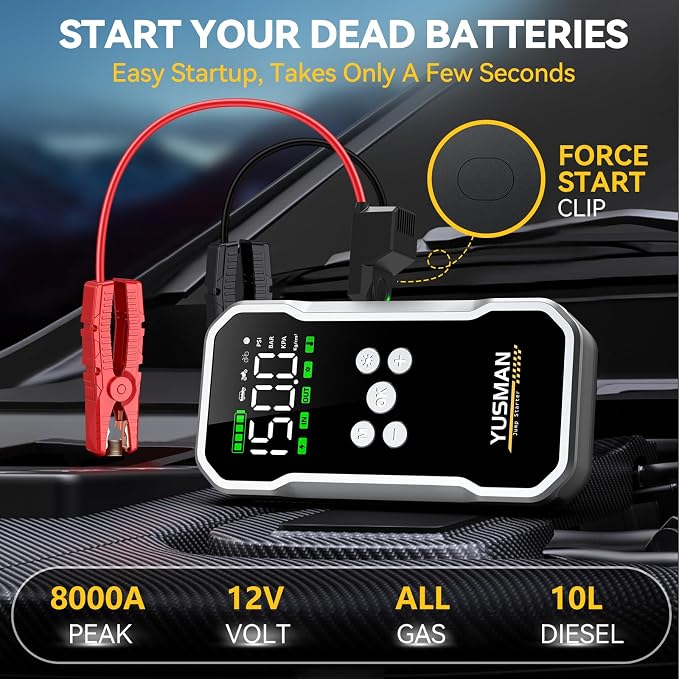 Jump Starter with Air Compressor, 8000A 160PSI Battery Booster Pack | For 12V vehicles, 10.0L gas and 7.0L diesel, with display, smart clamps, tire inflator, 2 USB-A ports, and 2 LED lights