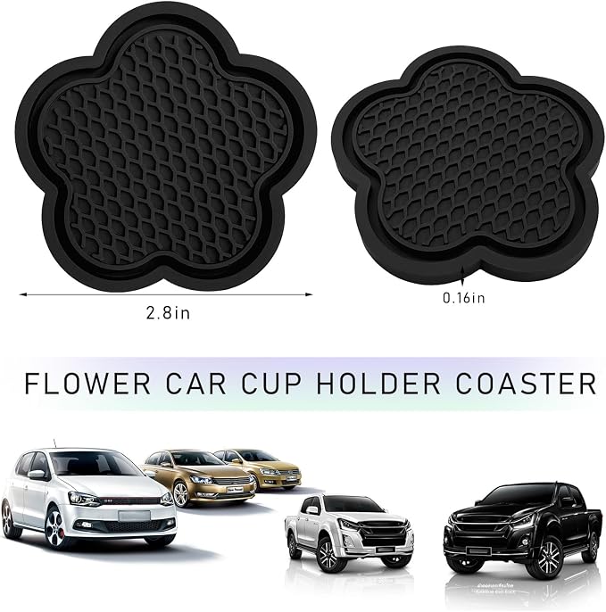 DXNQ 4 PCS Car Cup Coasters, Cute Flower Shaped Car Cup Holder Mat, PVC Waterproof Anti Slip Vehicle Cup Holder Insert Coaster, Universal Car Interior Decor Accessories (Black)