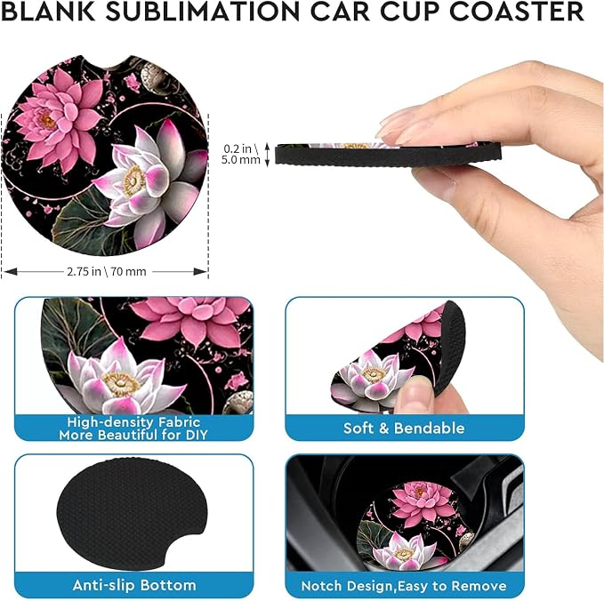2 Pack Lotus Flower Car Cup Holder Coasters Universal Neoprene Coasters | 2.75" Universal Size Anti Slip Rubber Mat, Auto Cup Holder Accessories for SUV Truck, Lotus Flower Gifts for Women Men Mom