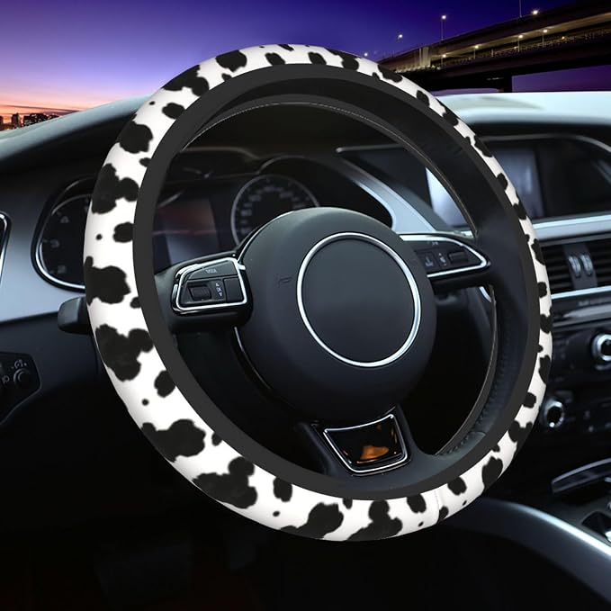 Cow Print Steering Wheel Cover - Cow Cattle Print Steering Wheel Cover Anti-Slip Breathable for 15 in Universal 2 Pcs Car Interior Cup Holder Pad for Men Women