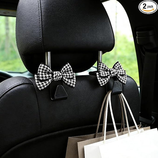 2PCS Car Seat Headrest Hooks, Car Purse Hook, Cute Bow Knot Vehicle Seatback Hanging Storage Organizer, Auto Seatback Decor Organizer Hanger for SUV Truck (Small Houndstooth/Black)