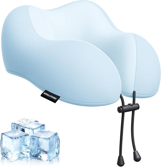 urnexttour Travel Pillow for Airplane Memory Foam Neck Pillow, Soft & Support Travel Pillow for Travelling, Sleeping Rest, Car, Train and Home Use (Blue)