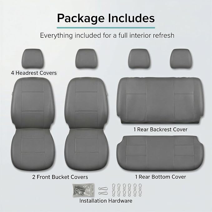 FH Group Car Seat Covers PU Leather Full Set Automotive Seat Covers Front Set and Rear Solid Bench Gray Seat Covers with Gift Universal Fit Interior Accessories for Cars Trucks and SUVs
