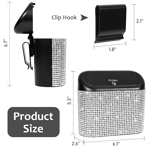 Accmor Bling Car Trash Can with Lid, Mini Auto Garbage Storage Bin with 60pcs Garbage Bags, Sparkling Crystal Trash Bags Holder Dustbin Vehicle Accessories Container Organizer (White Rhinestone)
