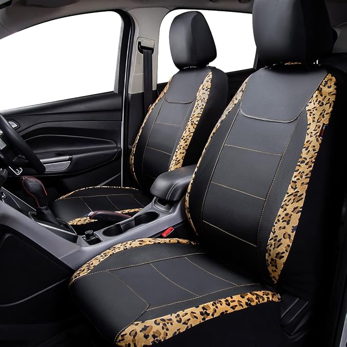 Flying Banner car seat Covers Protects Leopard Printing Polyester and PVC Fiber Front Pair Carbon Fibre (Leopard Black, Front Pair)