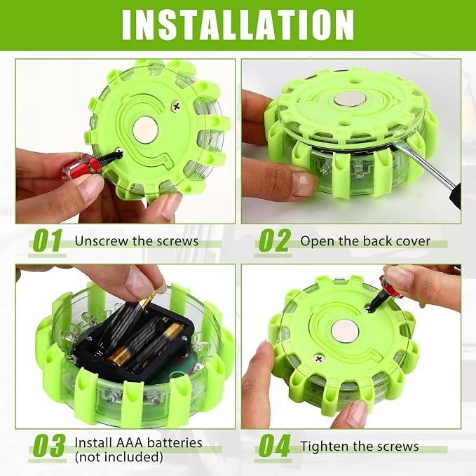 Tallew 4 Pack LED Road Flares Emergency Light Kit 9 Glow Modes Flashing Safety Warning Beacon Magnet Hook Vehicle Boat Truck Disc Magnetic Flash Cars Security Driveway Automotive Strobe(Green)