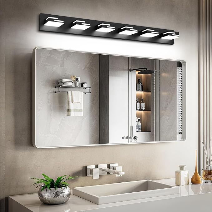 LED Modern Bathroom Vanity Light Fixtures, Dimmable Matte Black Vanity Lights for Bathroom Lighting Fixtures Over Mirror, with 360° Rotatable Acrylic Heads 6-Light 42-inch (Cool White 6000K)