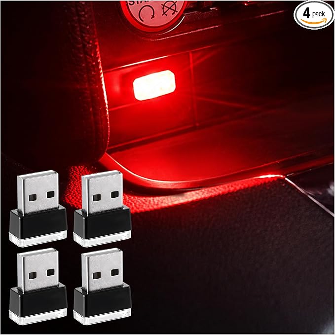 Augeny 4 PCS USB LED Car Interior Atmosphere Lamp, Plug-in USB Decor Night Light, Portable Auto Ambient Lighting Kit, Universal Vehicle Interior Accessories for Most Cars (Red)