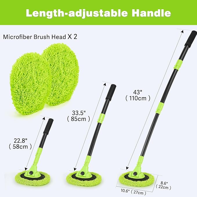 7-in-1 Car Wash Brush Kit with 15° Curved Long Handle for Cars | Car Cleaning Kit with 2 Replaceable Car Washing Mop, Wash Sponge, Mitt, Towel, Tire Brush for RV SUV Truck, Green