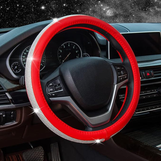New Diamond Leather Steering Wheel Cover with Bling Bling Crystal Rhinestones, Universal Fit 15 Inch Car Wheel Protector for Women Girls Red