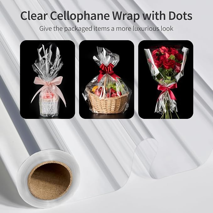 Jutieuo 100 ftx34 in Extra Wide Clear Cellophane Wrap Roll | 2.5 Mil Thick Crystal Transparent Plastic | Bouquet, Baskets, Gifts, Crafts, Treats, Wrapping | Food Grade (34" Fold into 17")