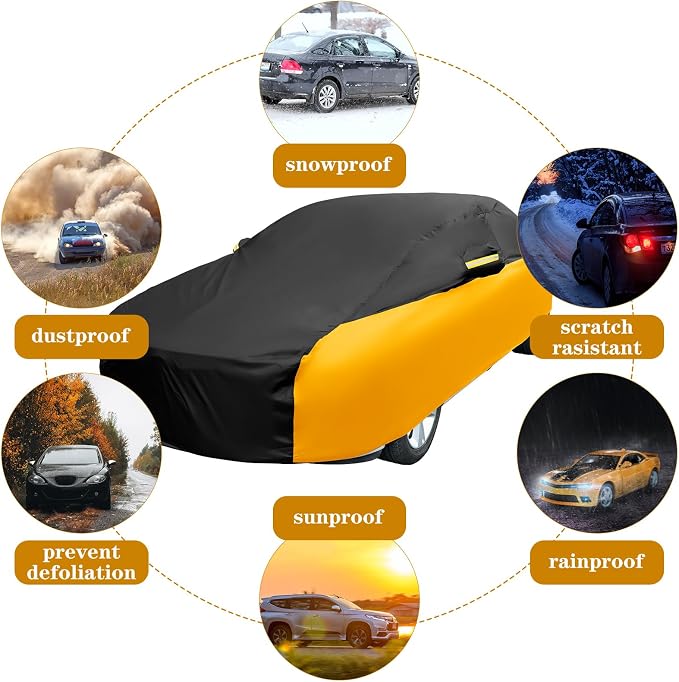 Riakrum Full Car Cover Waterproof All Weather for Automobiles Windproof Cover Rain UV Protection Sun Scratch Resistant Outdoor Universal(Fit XL SUV Length (191-205''),Black, Orange)