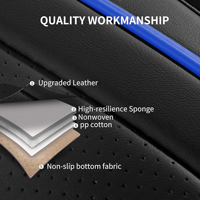 HChengkikz Car Seat Cover, Waterproof Faux Leather (Black + Blueline) | Easy Maintenance, Airbag Compatible, Universal Fit For Most SUVs Trucks Pick-ups Sedans
