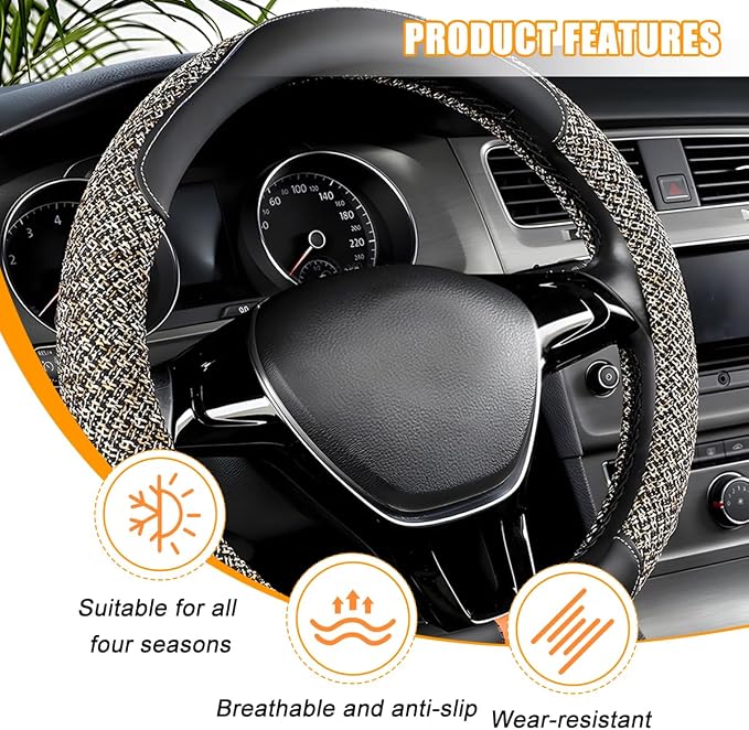 Zpana Car Steering Wheel Cover, 14.5-15" Breathable Linen Sporty Vehicle Steering Wheel Protector with Non-Slip Lining, Automotive Interior Decoration Accessories, Universal Fit (Black/Beige)