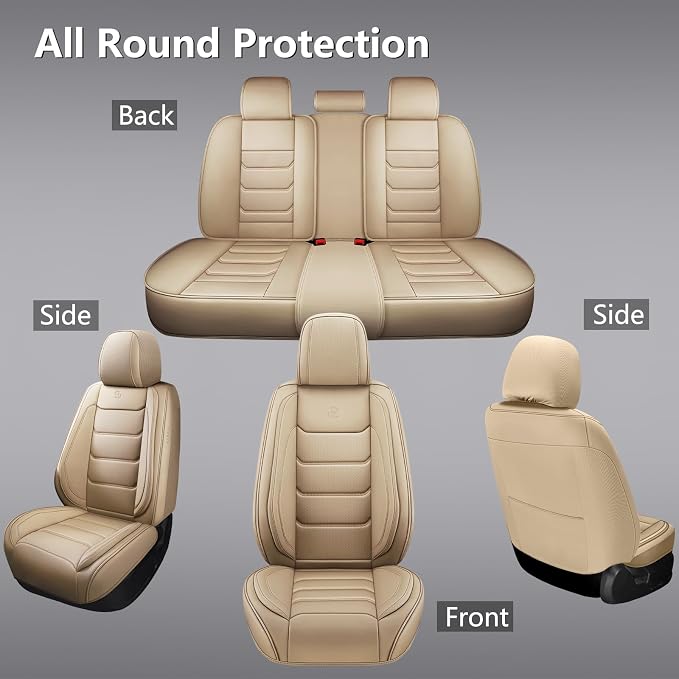Full Coverage Faux Leather Car Seat Covers Full Set,Automotive Seat Covers for Cars,SUVs Pick-up Truck, Car Seat Cushion, Beige Seat Covers for 5 Seats,Car Seat Protector