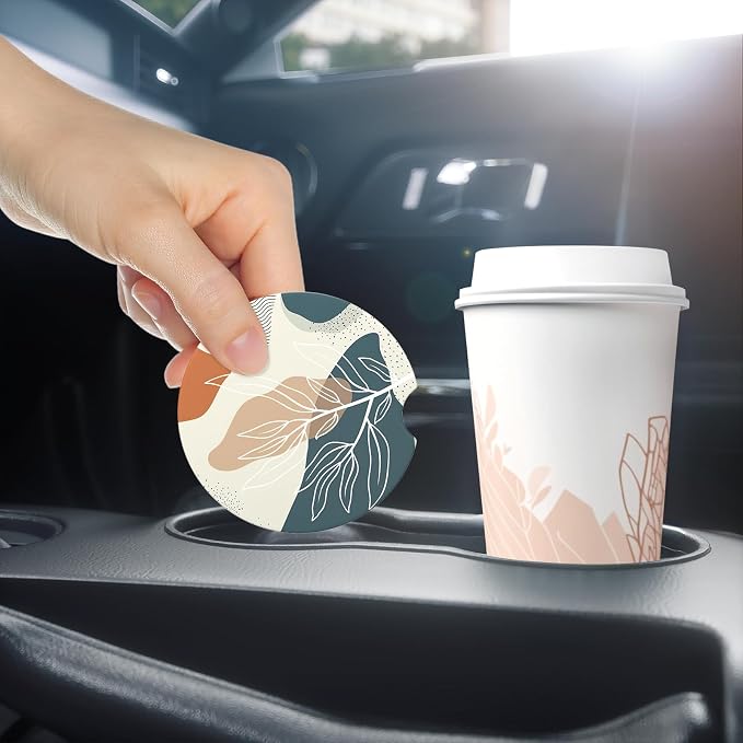 Aiawoxc Car Cup Holder Coasters, 2 Pack Universal Auto Anti Slip Insert Coaster with A Finger Notch, Cup Mat for Most Car Interior, Desert Leaf