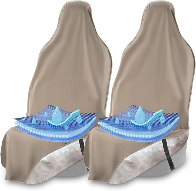 EliteSport Front Seat Cover, Universal Fit Waterproof, Sweatproof, Odor-Resistant, and Machine Washable Car Seat Protector with Non-Slip Underlayer for Pet, Travel, and Outdoor Adventure, Tan, 2Pack