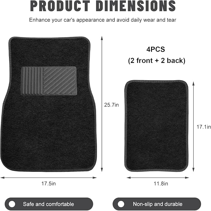Sun Walker 4 PCS Car Floor Mats, Waterproof Anti-Slip Front & Rear Car Carpets with Driver Heel Pad, All Weather Floor Protective Pads Universal for SUVs Trucks Sedans Vans (Black)