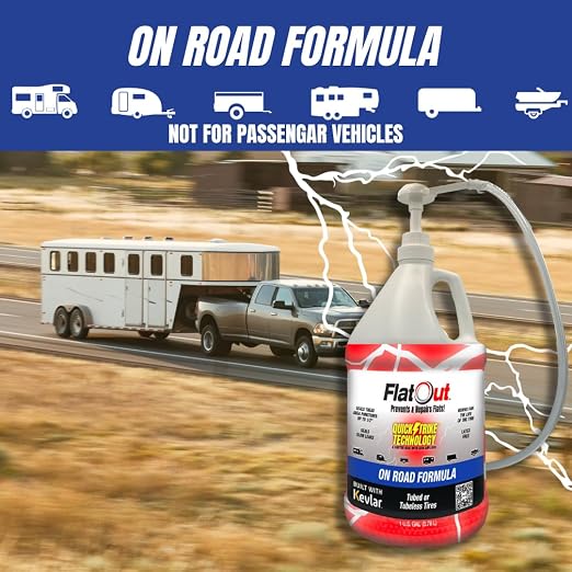 FlatOut QuickStrike On Road Tire Sealant - NEW Formula - Prevents Flat Tires - Seals Leaks - Contains Kevlar - Tubeless Tire Sealant - 1 Gallon + Tool