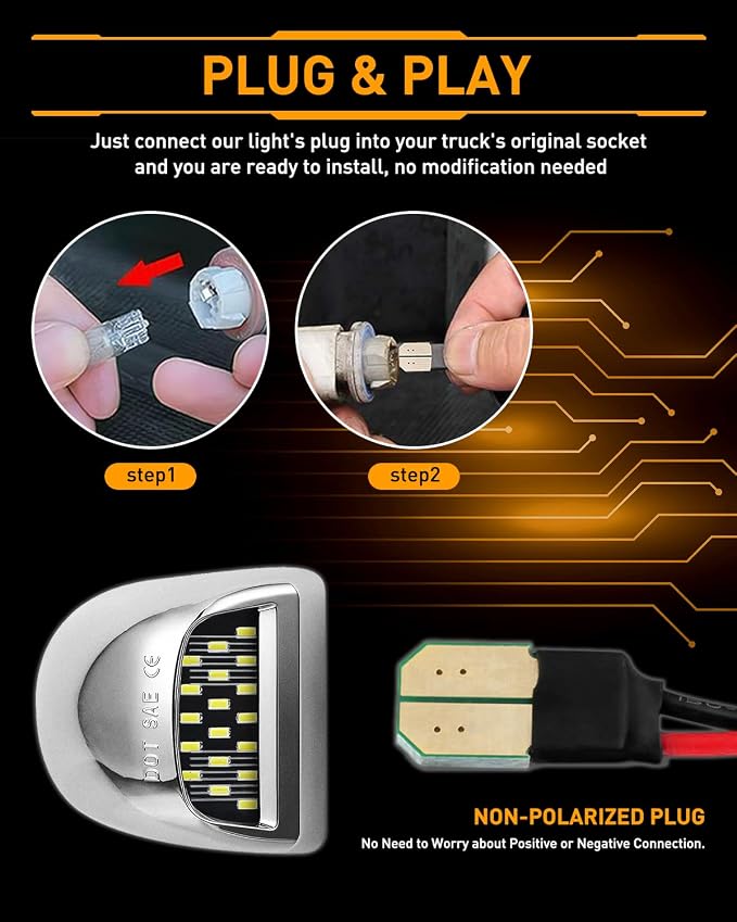 LESAUCE Full LED License Plate Light Silver Housing Tag Lamp Assembly Replacement for Chevy Silverado 1500 2500 3500 Suburban Tahoe GMC Sierra Yukon XL, 6000K White, Pack of 2