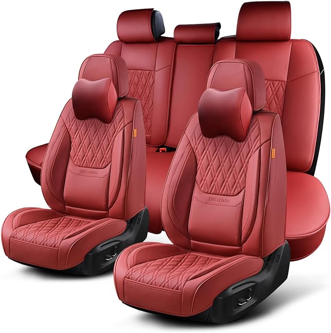 Car Seat Covers Full Set, Breathable Leather Automotive Front and Rear Seat Covers & Headrest, Universal Automotive Vehicle Seat Cover for Most Sedan SUV Pick-up Trucks, Wine Red