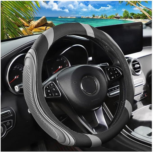 Osilly 15 Inch Car Leather Steering Wheel Cover, Automotive Accessories Elastic Breathable Anti-Slip Soft Wheel Protector Fits Men and Women, Suitable for SUVs, Trucks, Vehicles and RVs (Light Gray)
