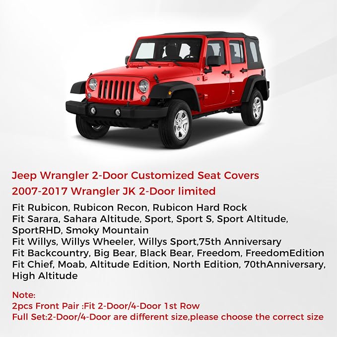 Huidasource Wrangler JK Seat Covers 2 Door, Waterproof Leather Car Seat Covers, Front&Rear Seat Protector Custom Fit for Jeep Wrangler JK 2-Door Sahara Sport Rubicon 2007-2017(Full Set/Black&Blue)