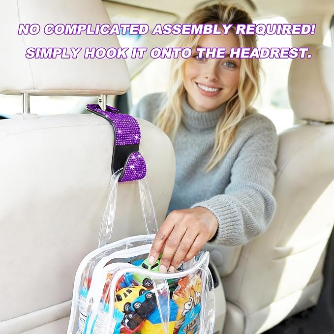 2 PCS Car Seat Headrest Hook, Crystal Rhinestone Seat Hanger Auto Interior Purse Holder, Bling Vehicle Backseat Hangers for Grocery Bags Handbags Coats, Car Accessories (Purple)