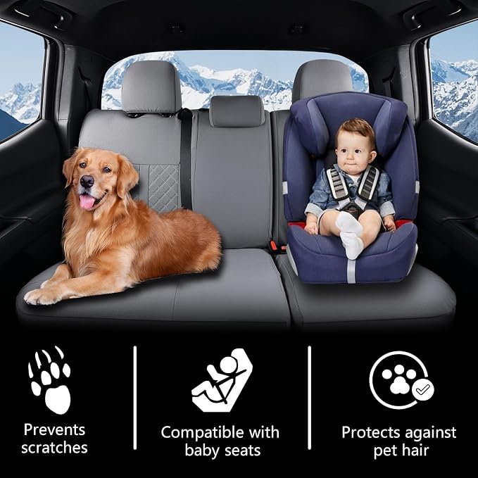 Truckiipa Seat Covers for Tacoma Full Set Leather Truck Seat Covers Waterproof Car Seat Cover Cushion Custom Fit for 2005-2015 Toyota Tacoma Double Crew Cab, Full Set, Gray