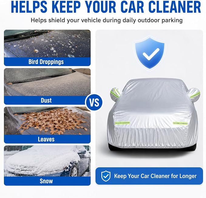 GXARTS 5-Layer Heavy Duty Car Cover for Sedans (185"L x 74"W x 60"H) | Waterproof Vinyl Outer,All-Weather Outdoor Indoor | Windproof Straps, Mirror Pockets, Door Zipper | UV Snow Rain Dust Protection