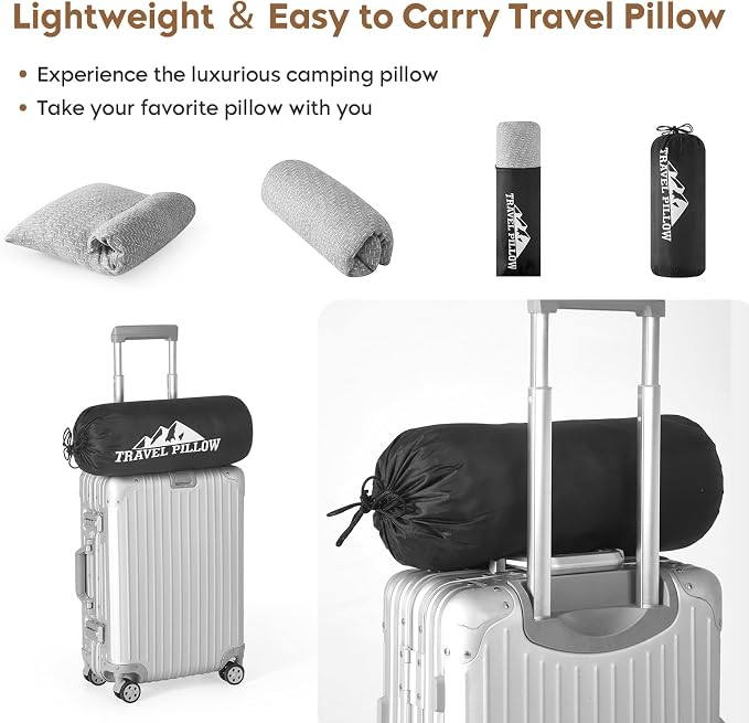 Camping Pillow Shredded Memory Foam Pillow, Compressible Travel Pillow Breathable Cover, Ideal Backpacking Airplane Hiking
