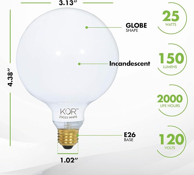 (4 Pack) G25 Incandescent Incandescent Light Bulb 2700K Soft Light, Decorative Globe Light Bulbs,E26 Medium Base, Perfect for Pendant Bathroom/Vanity Mirror Makeup, Dimmable. (White-Finish, 25-Watt)