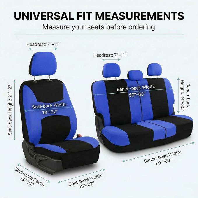 FH Group Universal Automotive Seat Covers 8 Seater Set | Light & Breezy Flat Cloth Washable Car Seat Cover for SUV, Sedan, Truck | Airbag Compatible Interior Upgrade - Blue/Black